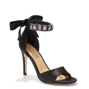 Jeweled-Accent Open-Toe Satin Pump